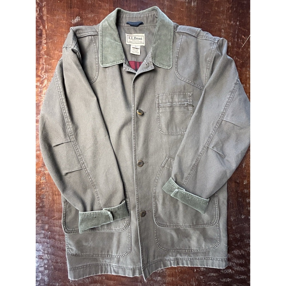 L.L. Bean Canvas Barn Chore Jacket Olive Green Corduroy Collar Flannel Lined - Picture 1 of 11